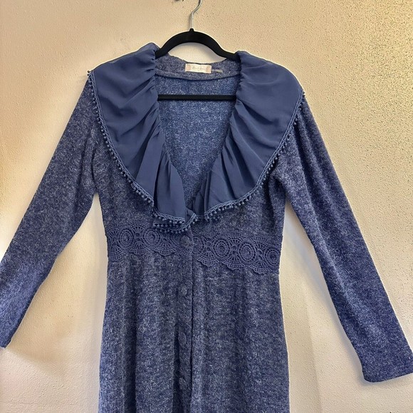 Altar’d State Ruffle Button Down Blue Sweater Cardigan Dress Small Side Pockets - Picture 2 of 16